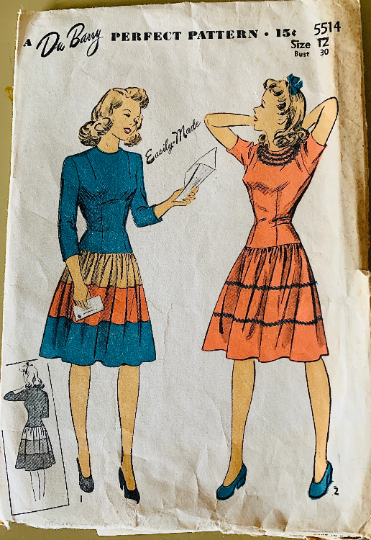 40s Tiered Skirt Fit N Flare Drop Waist Dress Petite Vintage Sewing Pattern Dubarry 5514 B30
