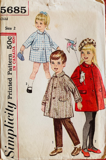 60s Button Front Swing Trapeze Coat Toddler Kids Sewing Pattern Simplicity 5685 Size
