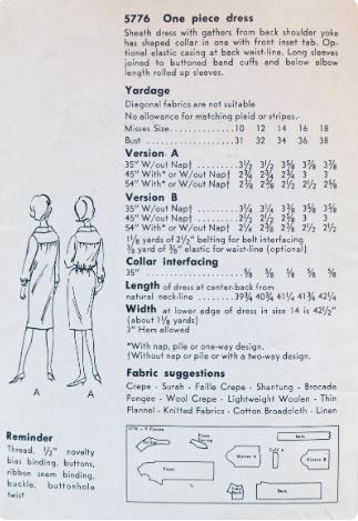 50s Womens Straight Sheath Day Dress w/ Collar Interest Vintage Sewing Pattern Vogue 5776 B36