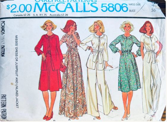70s Jumpsuit Tunic Jacket Maxi Dress Loungewear Hostess Set Vintage Sewing Pattern McCalls 5806 B36