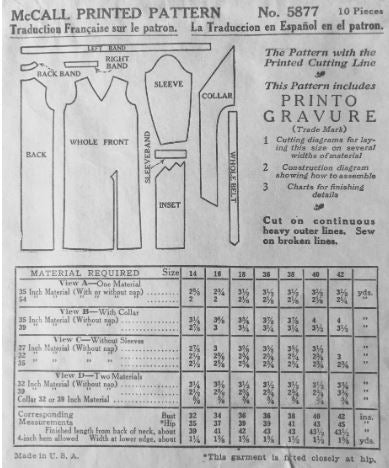 1920s Drop Waist Dress w/ Pleated Skirt Geometric Bodice Art Deco Era Vintage Sewing Pattern McCall 5877 B34