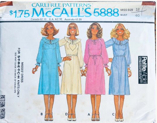 70s Women Flounce Collar Long Sleeve Modest Dress Vintage Plus Size Sewing Pattern McCalls 5888 B40