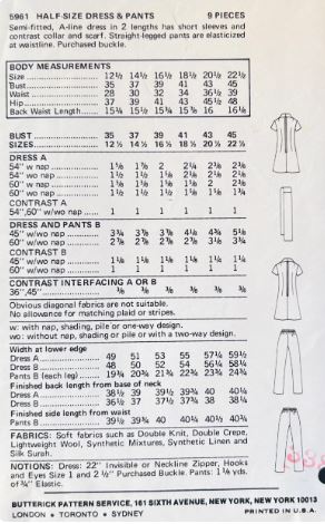 70s Womens A Line Dress or Top Straight Leg Pants Suit Pantsuit Pant Suit Plus Size Sewing Pattern Butterick 5961 B39