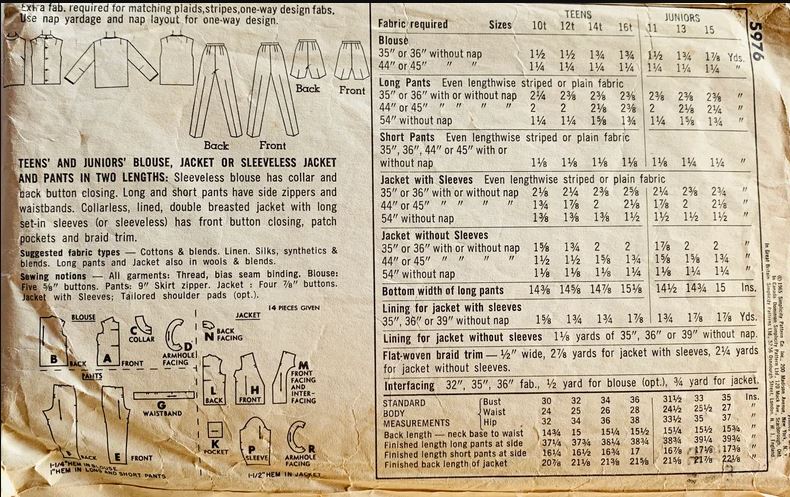 60s Preppy Junior Separates Skinny Pants Shorts Sleeveless Vest Cropped Jacket Pockets Blouse Roll Collar Vintage Sewing pattern Simplicity 5976 B35
