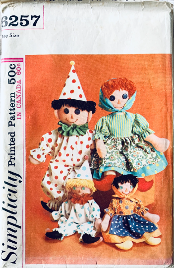 60s Stuffed Toys Dolls Peasant Rag Doll Clown 15" 24" Sizes Vintage Sewing Pattern Simplicity 6257
