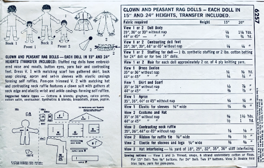 60s Stuffed Toys Dolls Peasant Rag Doll Clown 15" 24" Sizes Vintage Sewing Pattern Simplicity 6257