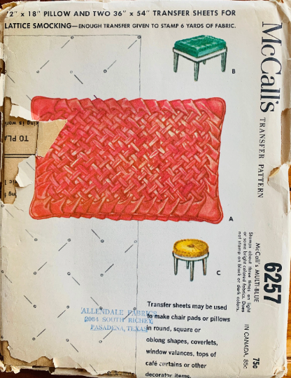 60s Smocked Throw Pillow Chair Pad Cushion Home Decor Smocking Vintage Pattern McCalls 6257