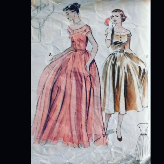 50s Full Skirt Sabrina Bateau Neckline Button Front Ball Evening Formal Gown Petite Vintage Sewing Pattern 6298 B32