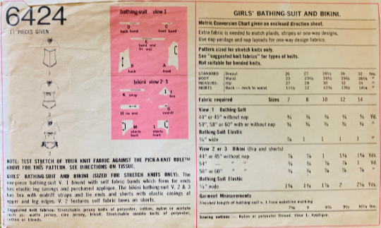 Girls One or Two Piece Bikini Swimsuit Halter Tank Swim Suit Vintage Sewing Pattern Simplicity 6424 Size 7