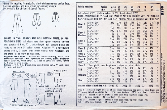 50s Skinny Bermuda Shorts Bell Bottom Pants Flared Trousers Flat Front WOUNDED BIRD Vintage Sewing Pattern Simplicity 6450 W28