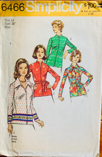 70s Zip Front Tunic Top Long Sleeve Blouse w/ Mandarin Pointed Collar Sleeve Neckline Options Vintage Sewing Pattern Simplicity 6466 B36