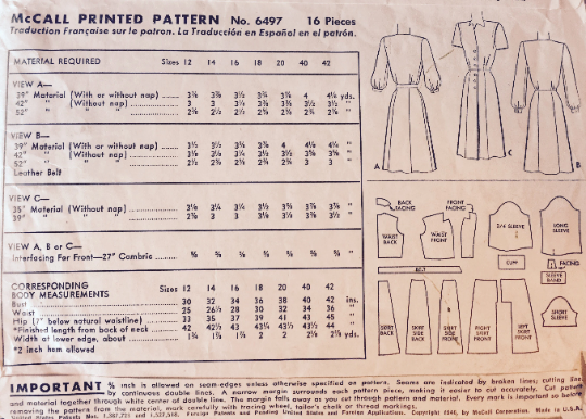 40s Button Front Day Shirtwaist Dress w/ Starburst Collar Petite Vintage Sewing Pattern McCall 6497 B32