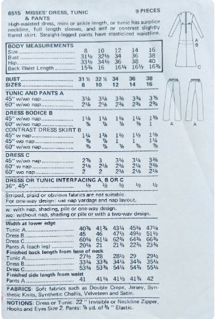 70s Empire Waist Mini or Maxi Dress Surplice Bodice Top Pantsuit Straight Leg Pants Easy Knit Fabric Vintage Petite Sewing Pattern Butterick 6515 B32