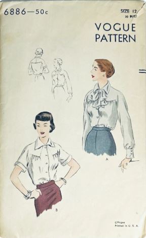 40s Curved Yoke Gathered Button Front Blouse with Pussy Bow Option Petite Vintage Sewing Pattern Vogue 6886 B30