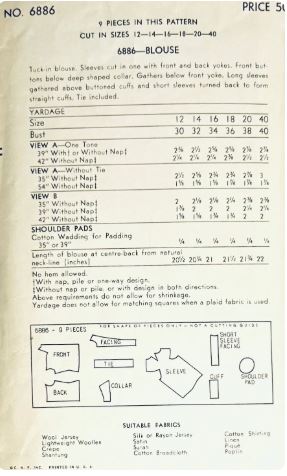 40s Curved Yoke Gathered Button Front Blouse with Pussy Bow Option Petite Vintage Sewing Pattern Vogue 6886 B30
