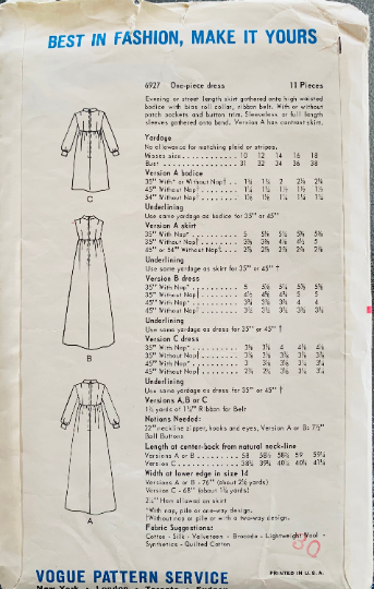 60s Empire Waist Maxi Dress Evening Gown Shirtwaist Babydoll Dress w/ Pockets Petite Vintage Sewing Pattern Vogue 6927 B32