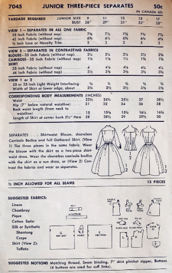 50s Pintuck Camisole Top Blouse & Full Skirt Two Piece Dress Designer Anne Klein Vintage Sewing Pattern Advance 7045 B33
