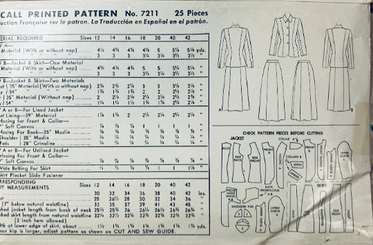 40s Nipped Waist Suit Princess Seam Wasp Waist Blazer Jacket Fored Skirt Petite Vintage Sewing Pattern McCall 7211 B32