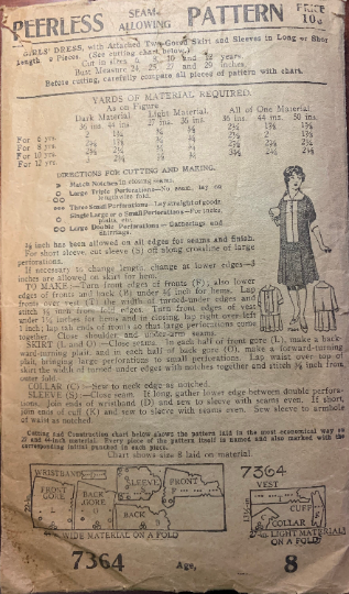 20s Girls Drop Waist Middy Sailor Dress Vintage Sewing Pattern Peerless 7364 Size 8