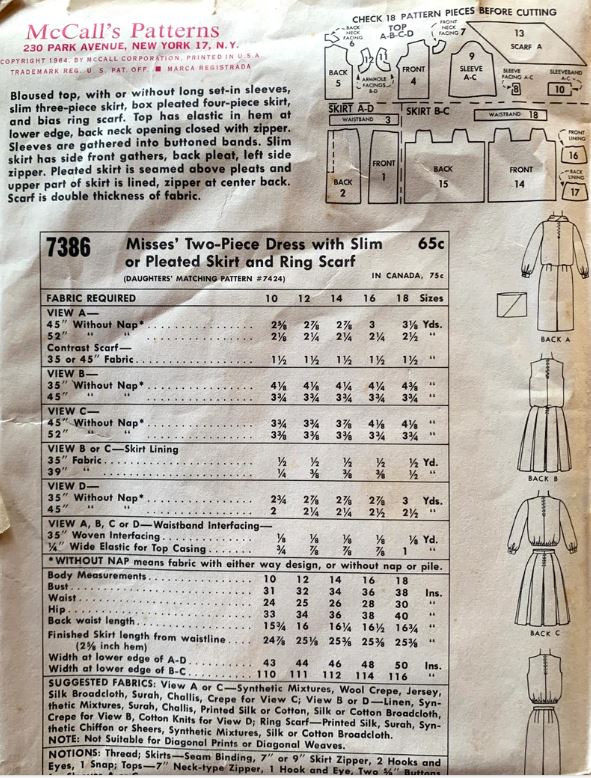 Ladies Blouson Suit w/ Roll Collar Pleated Skirt Mother Daughter Fashion Vintage Sewing Pattern McCalls 7386 B34