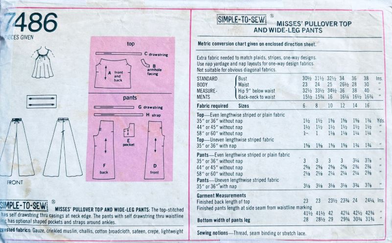 70s Harem Pants Summer Tent Top Flared Pants Petite Vintage Sewing Pattern Simplicity 7486 B32