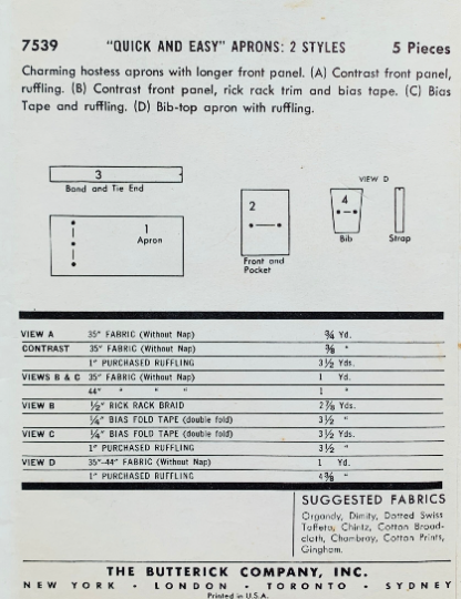 50s Pinafore Apron Pattern Full or Half Length Pinny Vintage Sewing Pattern Butterick 7529 One Size