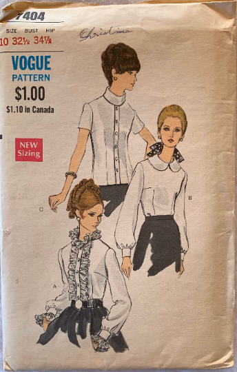 60s Blouse Bias Peter Pan Collar Top w/ Front Placket Lace Ruffles Long or Short Sleeves Petite Vintage Sewing Pattern Vogue 7641 B32