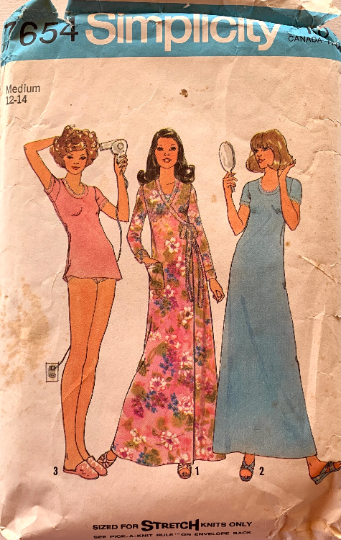 70s Nightshirt & Panties Long Nightgown Wrap Kimono Robe Vintage Sewing Pattern Simplicity 7654 Medium