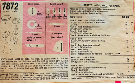 60s Beret Hood Ascot Sash Hat Making Millinery Mod Hats Sewing Pattern Simplicity 7872