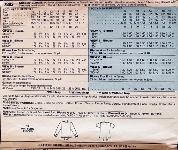 80s V or Crew Neck Blouse w/ Sleeve Long Sleeve T Shirt Variations Vintage Plus Size Sewing Pattern McCalls 7883 B42