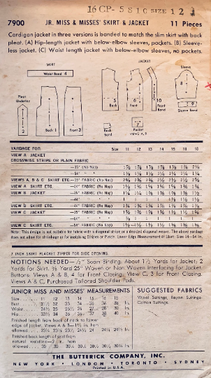 50s Pencil Skirt w/ Cardigan Jacket w/ Sleeveless Option Vintage Petite Sewing Pattern Butterick 7900 B32