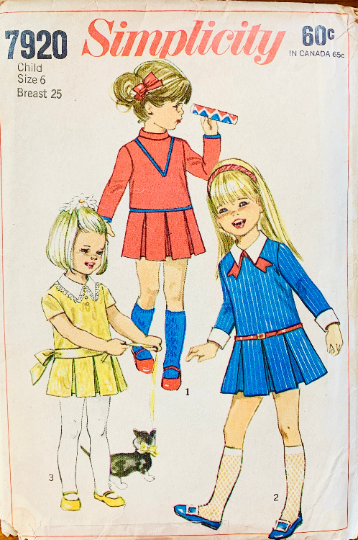 Girls Drop Waist Long Sleeve School Dress Pleated Skirt Sewing Pattern Simplicity 7920 Size 6