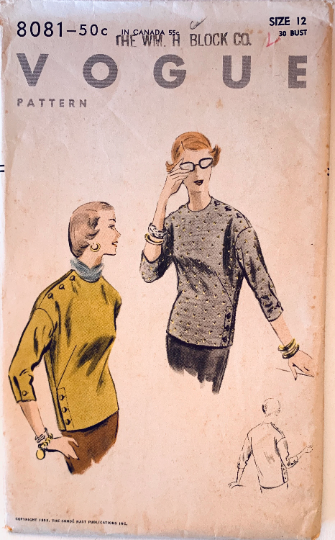 50s Sleek Pullover Blouse w/ Button Accents Three Quarter Sleeves Top Vintage Petite Sewing Pattern Vogue 8081 B30