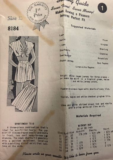 40s Playsuit Pattern High Waist Shorts Tie Front Crop Top Play Suit Vintage Sewing Pattern Mail Order 8184 B36