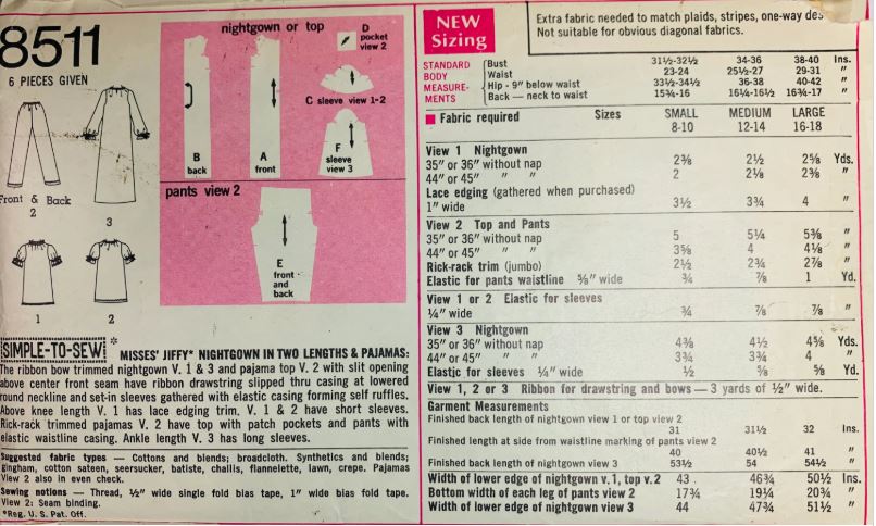 60s Womens Two Piece Pajamas Long Nightgown EASY Vintage Jiffy Sewing Pattern Simplicity 8511 M