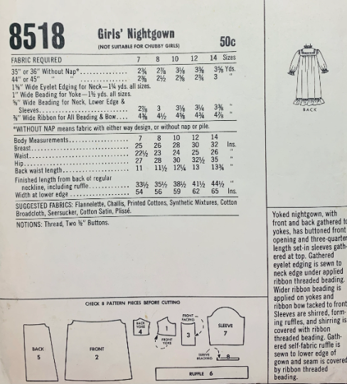 Victorian Inspired Girls Long Nightgown Sleepwear Sewing Pattern McCalls 8518 Size 8