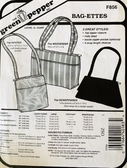 Top Handle Utility Tote Bag Carryall Shoulder Bag Handbag Purse Sewing Pattern Green Pepper 856
