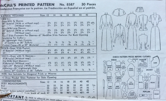 50s Classic Fitted Sheath Dress Suit Capelet Peplum Dress Vintage Petite Sewing Pattern McCalls 8587 B32