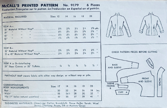 50s Classic Button Front Blouse w/ Dolman Sleeves Shawl Collar Petite Vintage Sewing Pattern McCalls 9179 B32