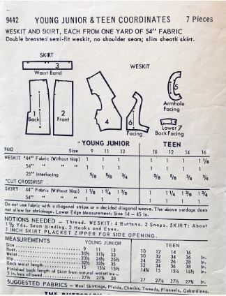 60s Double Breasted Weskit Vest & Straight Fitted Skirt One Yard Vintage Sewing Pattern Butterick 9442 B34