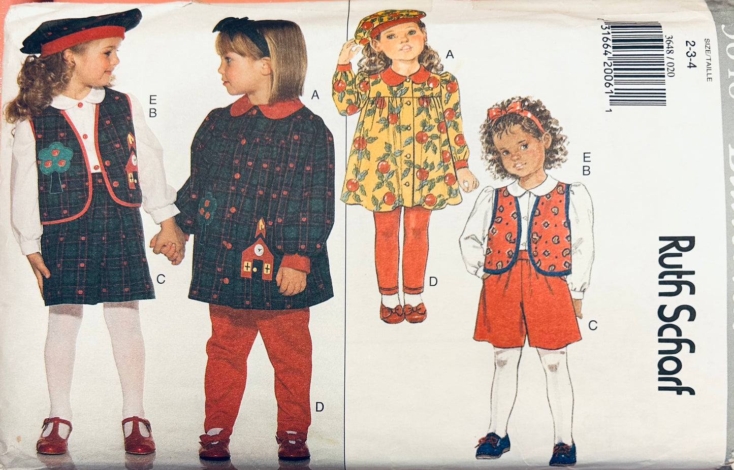 Toddler Button Front School Dress Vest Skirt Elastic Waist Pants & Shorts Leggings Blouse Beret Hat Toddlers Easy Childrens Sewing Pattern Butterick 3648 2