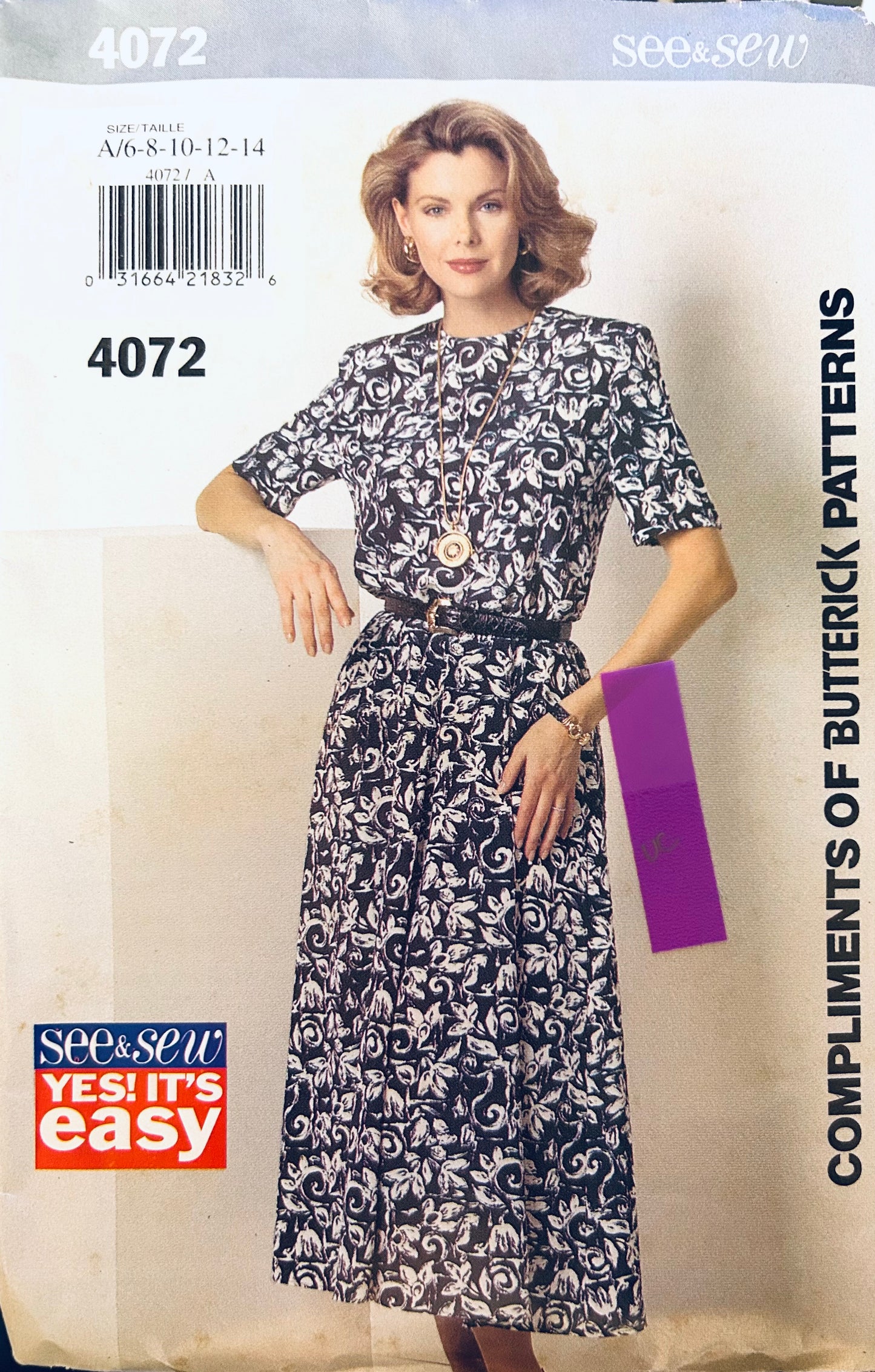 90s Pullover Short Sleeve Day Blouson Dress Flared Skirt Petite Vintage Sewing Pattern EASY See & Sew 4072 6 8 10 12 14