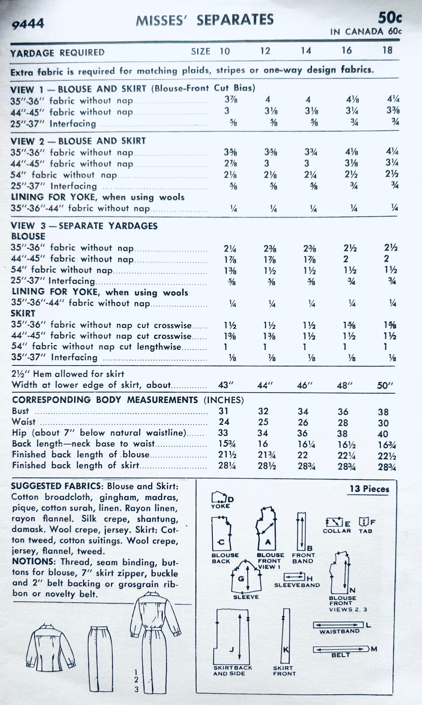 50s Womens Two Piece Dress Pencil Skirt Button Front Blouse Vintage Sewing Pattern Advance 9444 B34