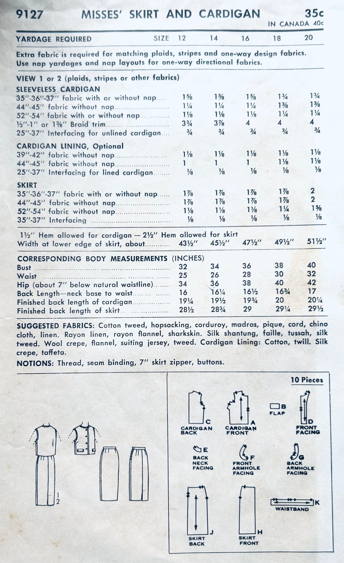 50s Womens Separates Pencil Skirt Sleeveless Cardigan Vest Vintage Sewing Pattern Advance 9127 B34