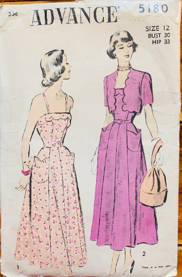 50s Summer Dress w/ Scalloped Neckline Tulip Shaped Pockets & Bolero Jacket Petite Sewing Pattern Advance 5180 B30