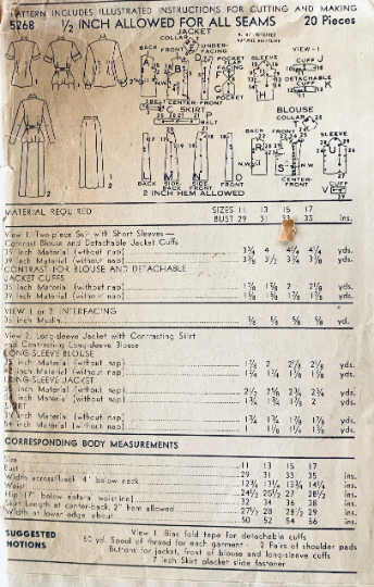 40s Ladies Peplum Suit Wasp Waist Fitted Asymmetrical Button Front Blouse Skirt Vintage Sewing Pattern Advance 5268 B33