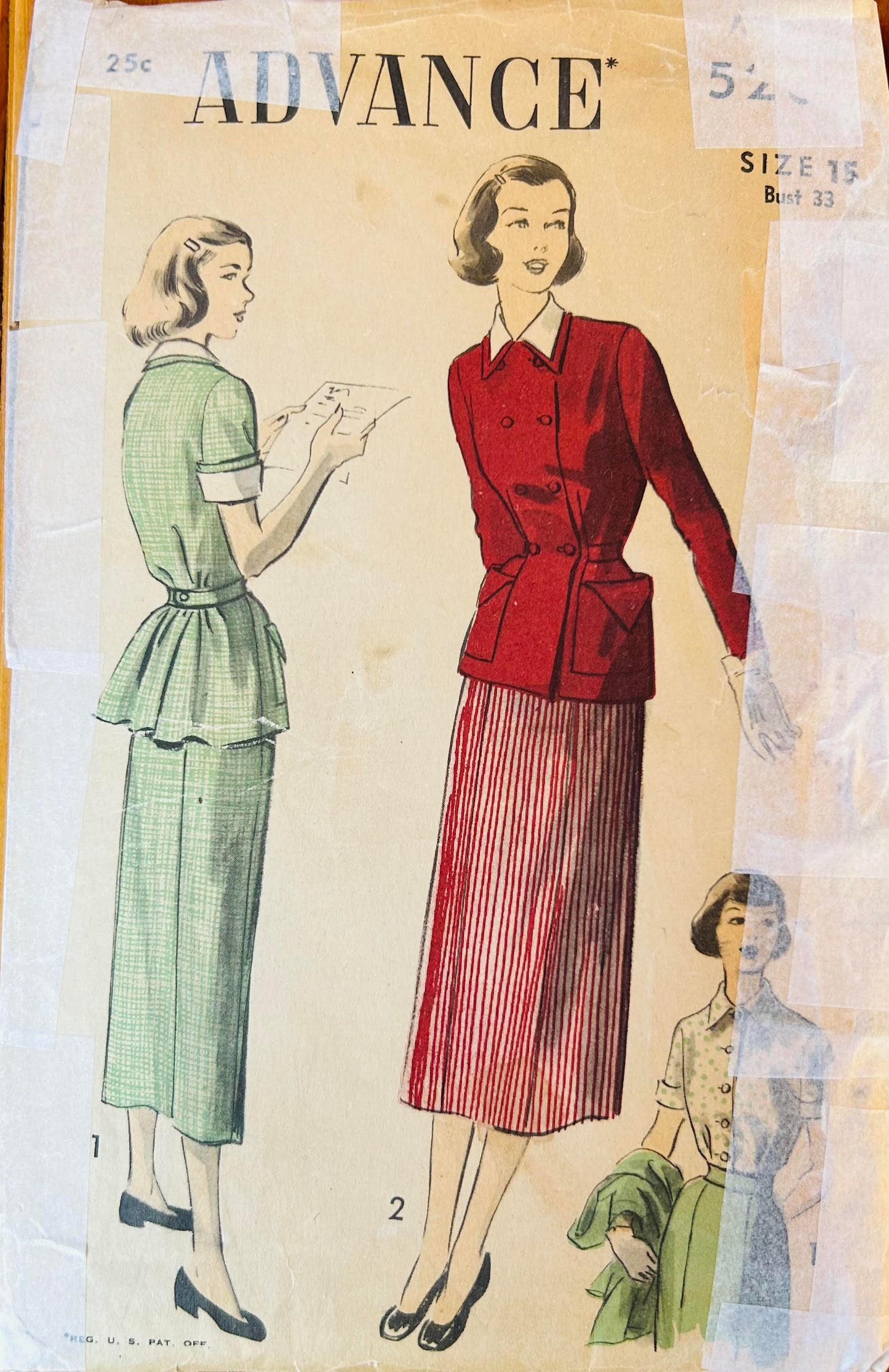 40s Ladies Peplum Suit Wasp Waist Fitted Asymmetrical Button Front Blouse Skirt Vintage Sewing Pattern Advance 5268 B33