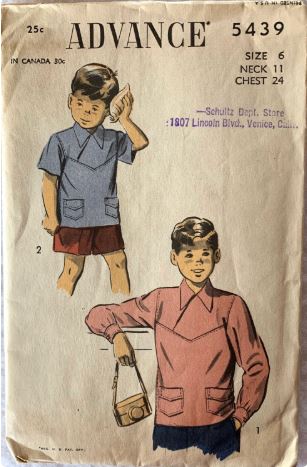 Boys Pullover Geometric Shirt w/ Pockets Vintage Sewing Pattern Advance 5439 Size 6