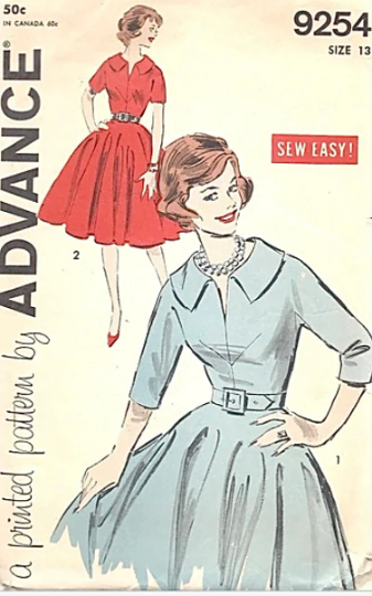 60s Fit N Flare Dress w/ Wide Collar Slit Neckline Geometric Seams Full Skirt Vintage Sewing Patterns Advance 9254 B34