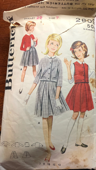 60s Girls Pleated Skirt Set w/ Matching Blouse & Cropped Bolero Jacket Vintage Sewing Pattern Butterick 2859 Size 7